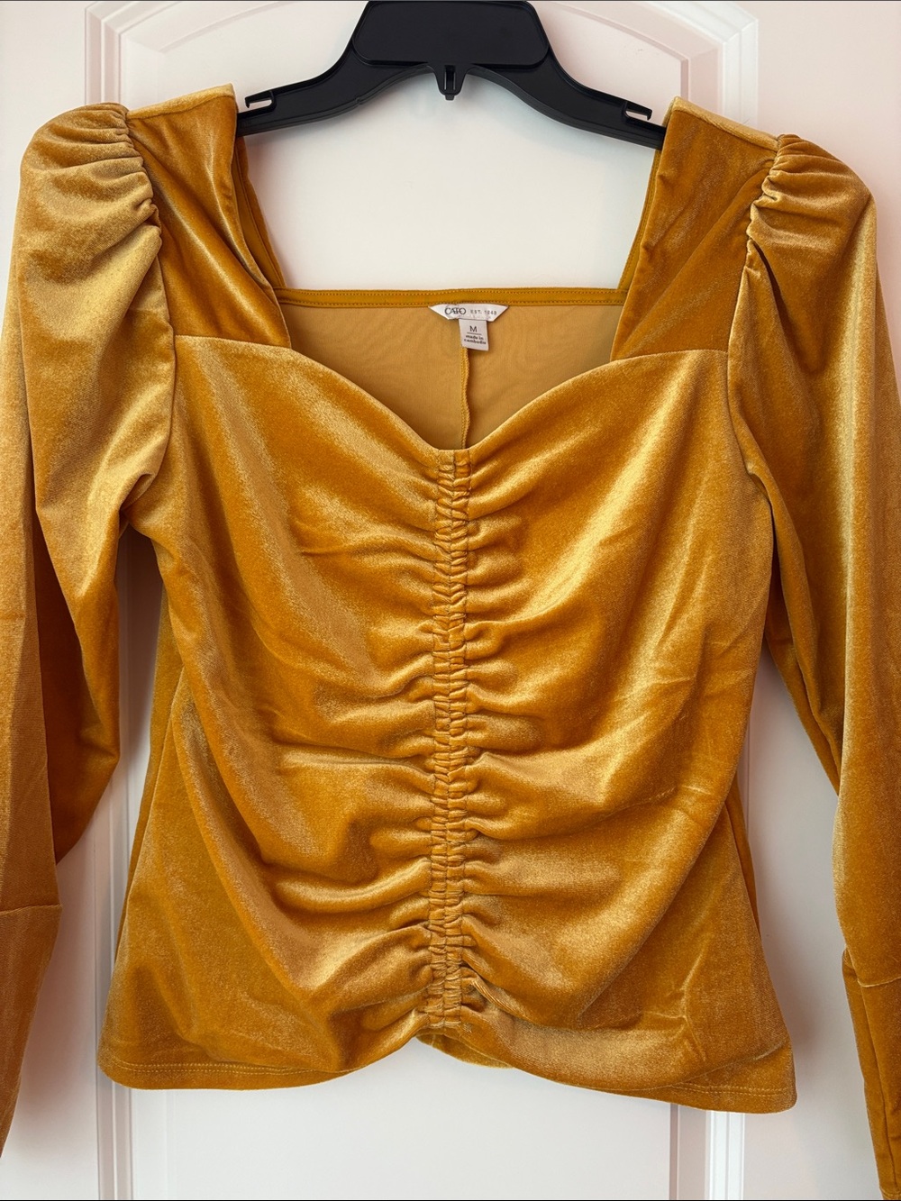 Cato Mustard Gold Velvet Ruched Long Sleeve Top Size Medium - Picture 5 of 8